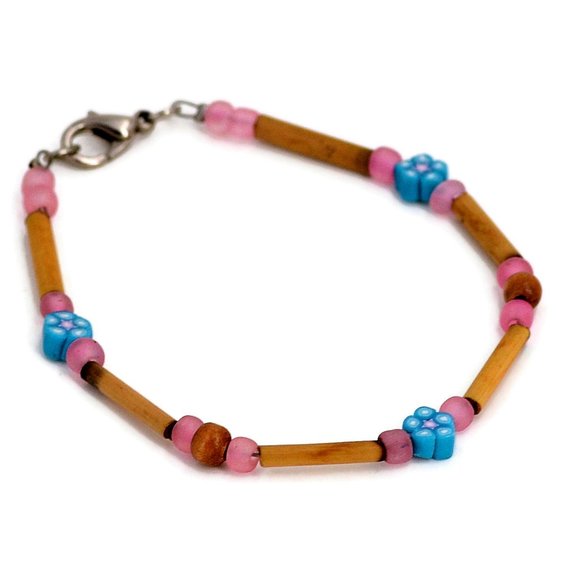 Pink Blue Beaded Bracelet Reed Fimo Frosted Glass 7.25" - Picture 3 of 3